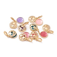 Brass Enamel European Dangle Charms, Large Hole Pendants, Long-Lasting Plated, with Micro Pave Clear Cubic Zirconia, Flat Round with Star & Moon, Real 18K Gold Plated, Mixed Color, 15mm, Hole: 5mm, Flat Round: 16x13x5mm(MPDL-P005-17G)