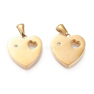 Valentine's Day Ion Plating(IP) 304 Stainless Steel Pendants, Cut-Out, with Rhinestone, Manual Polishing, Heart with Hollow Heart, Golden, 18.5x18x3.5~4mm, Hole: 3x6mm(STAS-F253-02G)