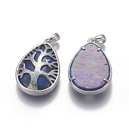 Natural Lapis Lazuli Pendants, with Brass Findings, Teardrop with Tree, Dyed, Platinum, 39x26x8mm, Hole: 4x6mm(G-E517-C03)