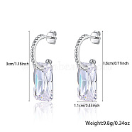 Rhodium Plated 925 Sterling Silver Half Hoop Earrings, Cubic Zirconia Rectangle Dangle Stud Earrings, with 925 Stamp, Platinum, 30x11mm(RB2270-2)
