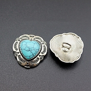 Alloy Shank Button,with Synthetic Turquoise, Heart, Turquoise, 29x30mm(PW-WG77759-01)