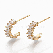 Brass Clear Cubic Zirconia Stud Earring Findings, Half Hoop Earrings, with Loop, Nickel Free, Real 18K Gold Plated, 19x12x4mm, Hole: 1mm, Pin: 0.8mm(X-ZIRC-Q021-074G-NF)