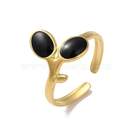 Real 18K Gold Plated 304 Stainless Steel Enamel Cuff Rings, Leaf, Black, Adjustable(RJEW-M171-28G-02)