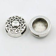 Tibetan Style Slide Charms, Cadmium Free & Lead Free, Flat Round with Cross, Antique Silver, 14x5mm, Hole: 10x2.4mm(TIBEB-LF9767Y-LF)