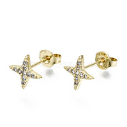 Brass Micro Pave Clear Cubic Zirconia Stud Earrings, with Ear Nuts, Nickel Free, Star, Real 16K Gold Plated, 9x9mm, Pin: 0.8mm(EJEW-T046-34G-NF)