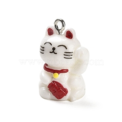 Opaque Resin Pendants, Cute Lucky Cat Charms with Platinum Plated Iron Loops, White, 22.5x15x12.5mm, Hole: 1.8mm(RESI-M036-04)