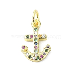 Brass Micro Pave Cubic Zirconia Pendants, with Jump Ring, Real 18K Gold Plated, Anchor Charm, Colorful, 14x9x1.5mm, Hole: 3mm(KK-H475-30G-01)