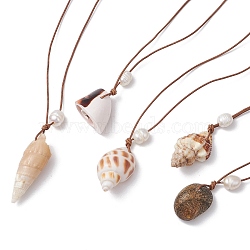 5Pcs 5 Styles Summer Beach Natural Cultured Freshwater Pearl & Natural Shell Pendant Necklaces, Cowhide Leather Cord Necklaces, Mixed Color, 28.35~29.53 inch(72~75cm), 1pc/style(NJEW-JN05098)