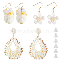 3 Pairs 3 Styles Earrring Sets, including Brass Raffia Dangle Stud Earrings, Iron Raffia Flower with Round Dangle Earrings, Stainless Steel Wool Dangle Earrings, Golden, Cornsilk, 45~68.5x22.5~41mm, 1 pair/style(EJEW-TA000-70A)