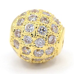 CZ Jewelry Brass Micro Pave Cubic Zirconia Round Beads, Clear, Real 18k Gold Plated, 8mm, Hole: 1.5mm(ZIRC-M024-04G)