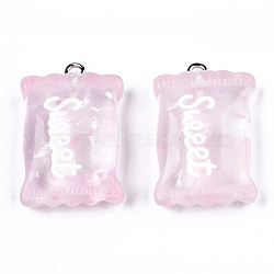 Transparent Resin Pendants, with Paillette & Platinum Tone Iron Peg Bail, Candy with Word Sweet, Pink, 29x18.5x8mm, Hole: 2mm(X-RESI-S356-54A-05)
