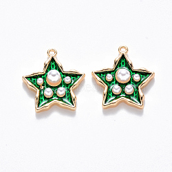 Brass Enamel Pendants, with ABS Plastic Imitation Pearl, Nickel Free, Star, Real 18K Gold Plated, Green, 15.5x14.5x4mm, Hole: 1mm(KK-T049-056G-01-NF)