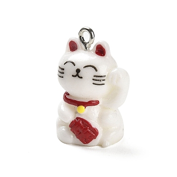 Opaque Resin Pendants, Cute Lucky Cat Charms with Platinum Plated Iron Loops, White, 22.5x15x12.5mm, Hole: 1.8mm