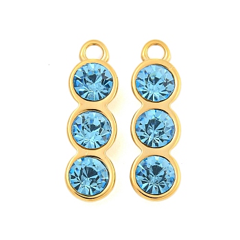 304 Stainless Steel Pendants, with Rhinestone, Pea Charms, Real 14K Gold Plated, Aquamarine, 21x6x4mm, Hole: 1.8mm