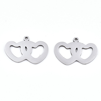 Valentine's Day 201 Stainless Steel Charms, Laser Cut, Heart with Heart, Stainless Steel Color, 13x19.5x0.9mm, Hole: 1.2mm