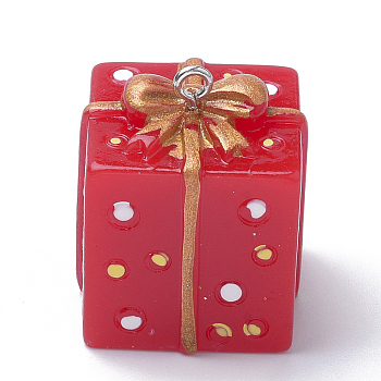 Resin Pendants, with Platinum Tone Iron Findings, Christmas gift, Red, 27.5x23x23mm, Hole: 2mm
