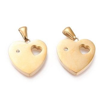 Valentine's Day Ion Plating(IP) 304 Stainless Steel Pendants, Cut-Out, with Rhinestone, Manual Polishing, Heart with Hollow Heart, Golden, 18.5x18x3.5~4mm, Hole: 3x6mm
