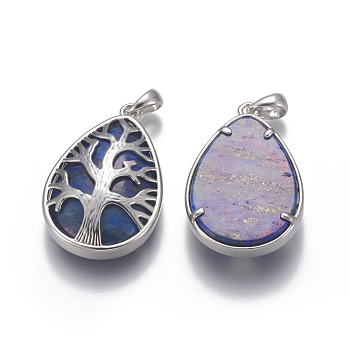 Natural Lapis Lazuli Pendants, with Brass Findings, Teardrop with Tree, Dyed, Platinum, 39x26x8mm, Hole: 4x6mm