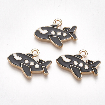 Alloy Airliner Pendants, Cadmium Free & Lead Free, with Enamel, Passenger Airplane, Light Gold, Black, 16x21x2mm, Hole: 2mm