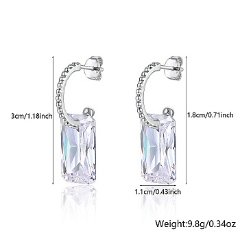 Rhodium Plated 925 Sterling Silver Half Hoop Earrings, Cubic Zirconia Rectangle Dangle Stud Earrings, with 925 Stamp, Platinum, 30x11mm