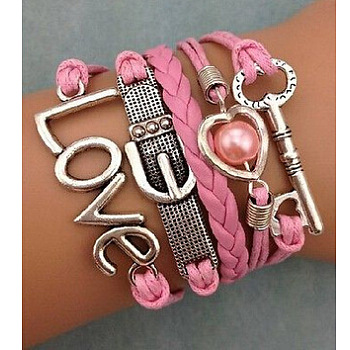 Suede & Imitation Leather Cord Knitted Multi-strand Bracelets, Alloy Link Adjustable Bracelets, Heart, 7-1/8 inch(18cm)