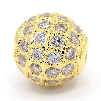 CZ Jewelry Brass Micro Pave Cubic Zirconia Round Beads, Clear, Real 18k Gold Plated, 8mm, Hole: 1.5mm