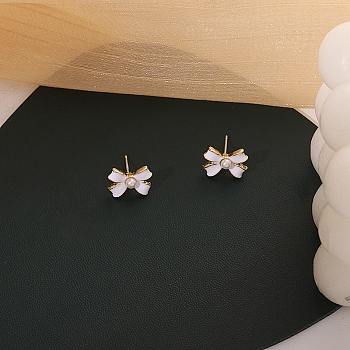 Alloy Enamel Earrings for Women, with Imitation Pearl Beads and 925 Sterling Silver Pin, Bowknot, 24x10mm