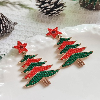 Christmas Tree Alloy & Acrylic Beaded Dangle Stud Earrings for Women, with Brass Pin, Golden, Orange Red, 56x38mm