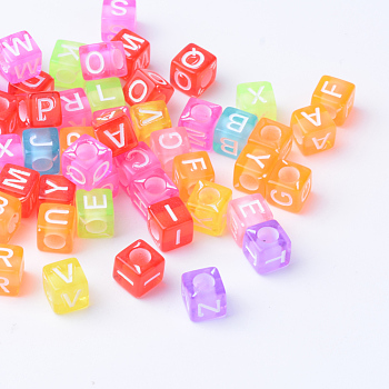 Transparent Acrylic Beads, Horizontal Hole, Cube with Letter, Mixed Color, 5.5~6x5.5~6x5.5~6mm, Hole: 3mm