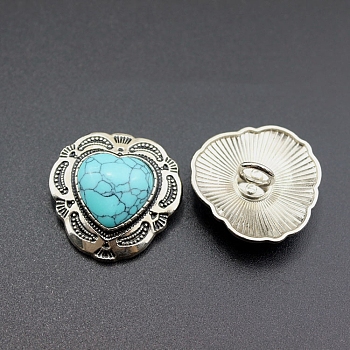 Alloy Shank Button,with Synthetic Turquoise, Heart, Turquoise, 29x30mm