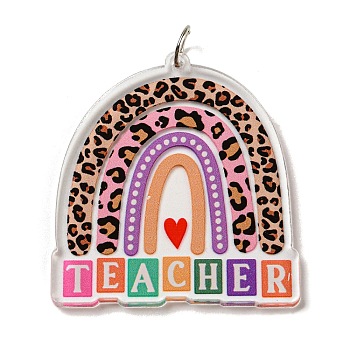 Teachers' Day Double-Sided Printed Acrylic Pendants, with Iron Jump Ring, Rainbow, 41x38x3mm, Hole: 5.5mm