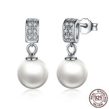 Rhodium Plated 925 Sterling Silver Cubic Zirconia Stud Earrings, with Round Shell Pearl, Platinum, 17mm, Pin: 0.8mm
