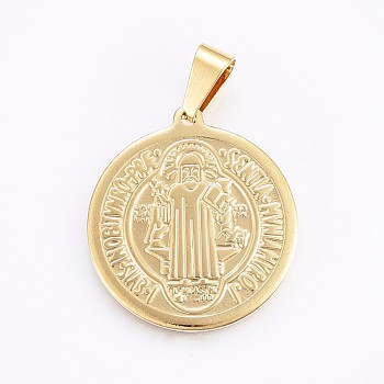 Vacuum Plating 304 Stainless Steel Pendants, Religion, Flat Round with Saint Benedict, Golden, 31x28x2mm, Hole: 10x5mm