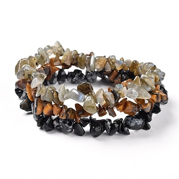Chips Natural Labradorite & Snowflake Obsidian & Tiger Eye Beaded Stretch Bracelets Sets, Stackable Bracelets, Inner Diameter: 2-1/8 inch(5.5cm), 3pcs/set