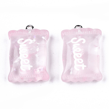 Transparent Resin Pendants, with Paillette & Platinum Tone Iron Peg Bail, Candy with Word Sweet, Pink, 29x18.5x8mm, Hole: 2mm