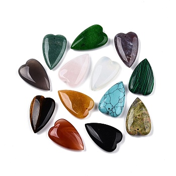 Natural & Synthetic Mixed Stone Pendants, Heart Charms, Mixed Dyed & Undyed, 39~40.5x24.5~25.5x8~10mm, Hole: 1.2~1.4mm