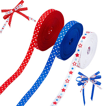 AHADERMAKER 3 Rolls 3 Colors Independence Day Theme Polyester Grosgrain Ribbon, for Gift Wrapping, Party Decoration, Star Pattern, Mixed Color, 3/8 inch(10mm), 10 Yards/Roll, 1 roll/color