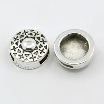 Tibetan Style Slide Charms, Cadmium Free & Lead Free, Flat Round with Cross, Antique Silver, 14x5mm, Hole: 10x2.4mm