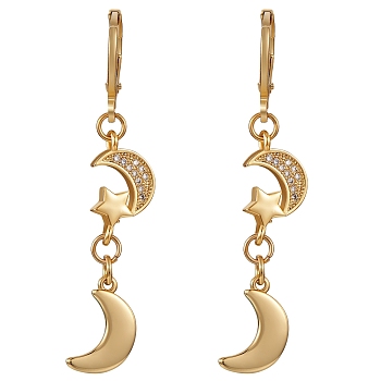 Clear Cubic Zirconia Moon and Star Dangle Leverback Earrings, Brass Jewelry for Women, Golden, 46mm, Pin: 0.8mm