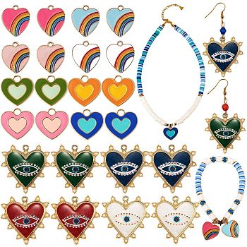 24Pcs 12 Style Alloy Enamel Pendants, with ABS Plastic Imitation Pearl, Cadmium Free & Lead Free, Heart, Mixed Color, 19.5~33x18~33x1.5~2.5mm, Hole: 1.8~3mm, 2pcs/style
