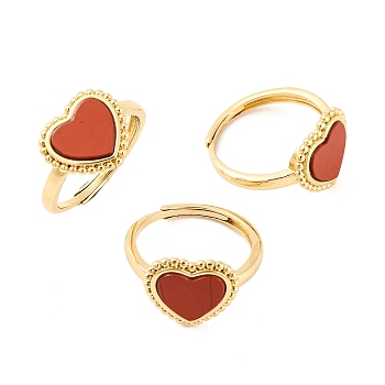 Heart Natural Red Jasper Adjustable Rings, Brass Ring for Women, Long-Lasting Plated, Lead Free & Cadmium Free, Golden, Inner Diameter: 18mm