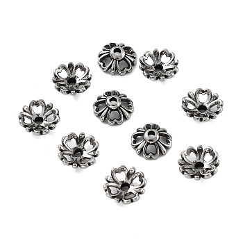 Tibetan Style 316 Stainless Steel Bead Caps, Flower Multi- Petal, Antique Silver, 9.5x3.5mm, Hole: 1.5mm