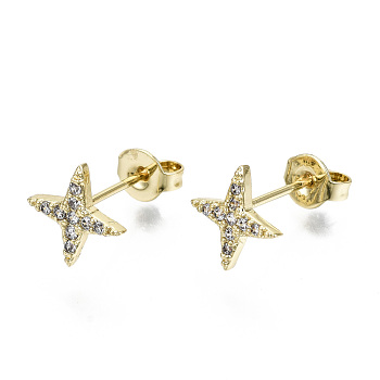 Brass Micro Pave Clear Cubic Zirconia Stud Earrings, with Ear Nuts, Nickel Free, Star, Real 16K Gold Plated, 9x9mm, Pin: 0.8mm