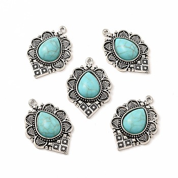Synthetic Turquoise Dyed Pendants, with Alloy Findings, Teardrop Charms, Antique Silver, 36.5x25x6.5mm, Hole: 1.8mm
