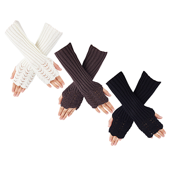 3Pairs 3 Colors Acrylic Fibers Long Knitted Fingerless Gloves, Warm Arm Covers for Men and Women, Mixed Color, 335x90x20mm, 1pair/color