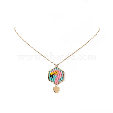 Glass Seed Braided Hexagon with Flamingo Pendant Necklace(NJEW-MZ00014)-6