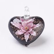 Handmade Lampwork Pendants, Inner Flower, Heart, Pink, 38x33x16mm, Hole: 6x6mm(LAMP-F009-09C)