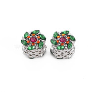 Rack Plating Alloy European Beads, with Ruby Rhinestone and Resin, Large Hole Beads, Cadmium Free & Nickel Free & Lead Free, Flower, Platinum, Green, 11x11.5mm, Hole: 5.5mm(MPDL-N039-153)