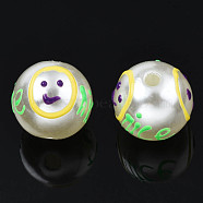 ABS Plastic Imitation Pearl Beads, with Enamel, Round with Expression & Word Nice, Light Green, 12x11mm, Hole: 2mm(KY-N015-97)