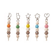 Cube & Round & Octagon Wooden Beaded Pendant Keychain, with Heart/Flower/Moon/Star/Cat Alloy & Iron Swivel Lobster Clasps, Mixed Color, 12.7cm(KEYC-JKC00463)